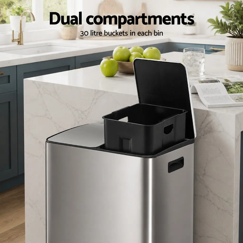 Pedal Bin Dual Compartment Waste Recycle Dustbin 60L Kitchen Home Silver