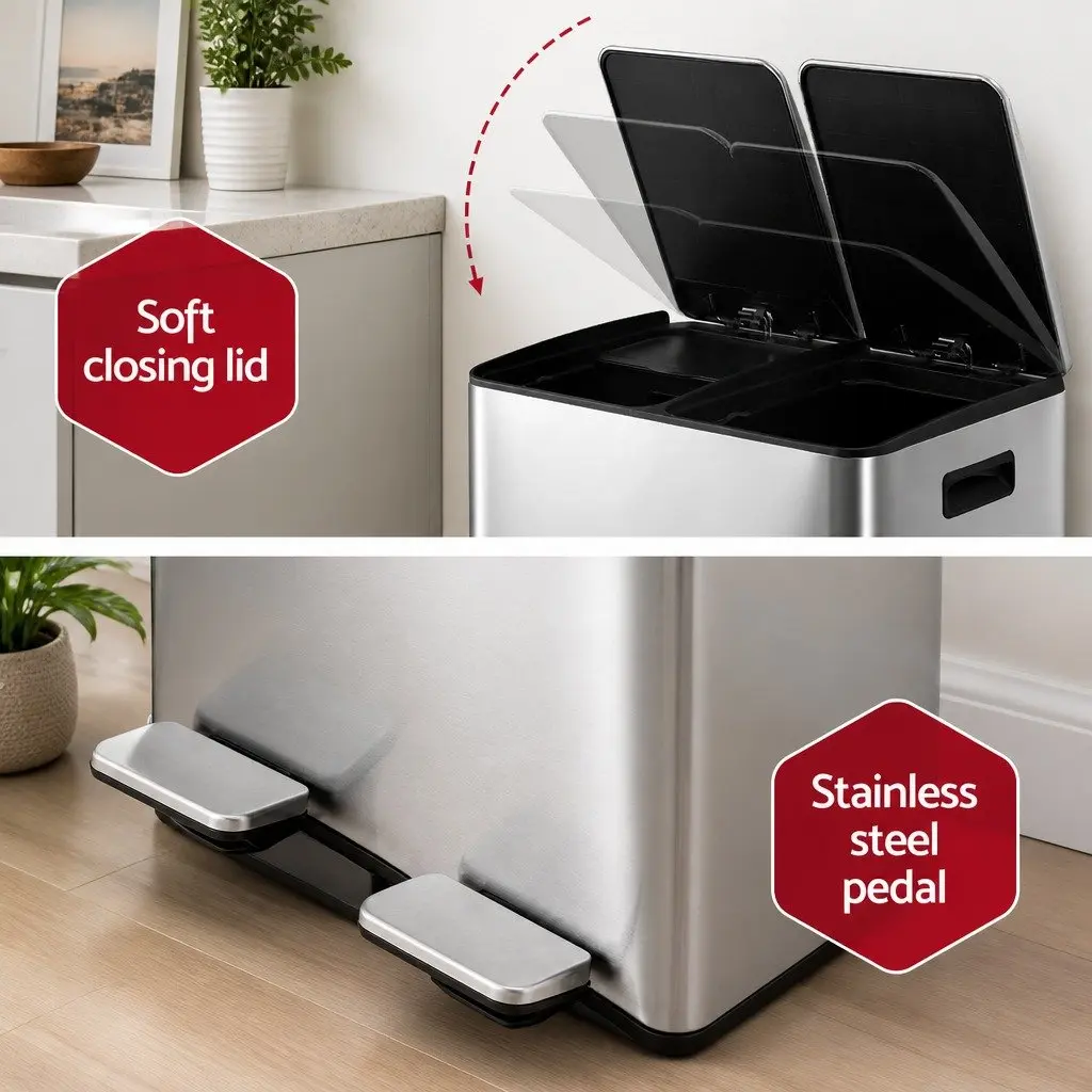 Pedal Bin Dual Compartment Waste Recycle Dustbin 60L Kitchen Home Silver