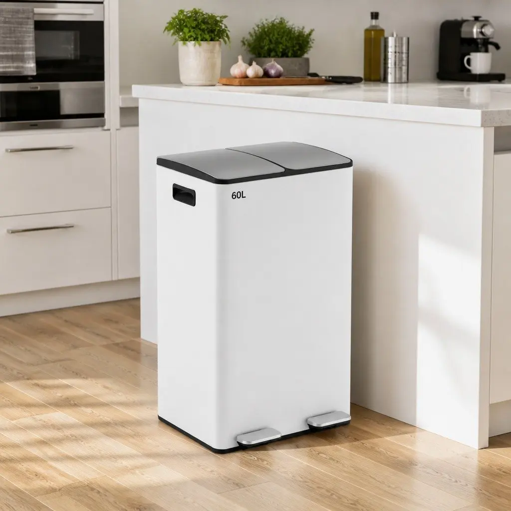 Pedal Bin Dual Compartment Waste Recycle Dustbin 60L White