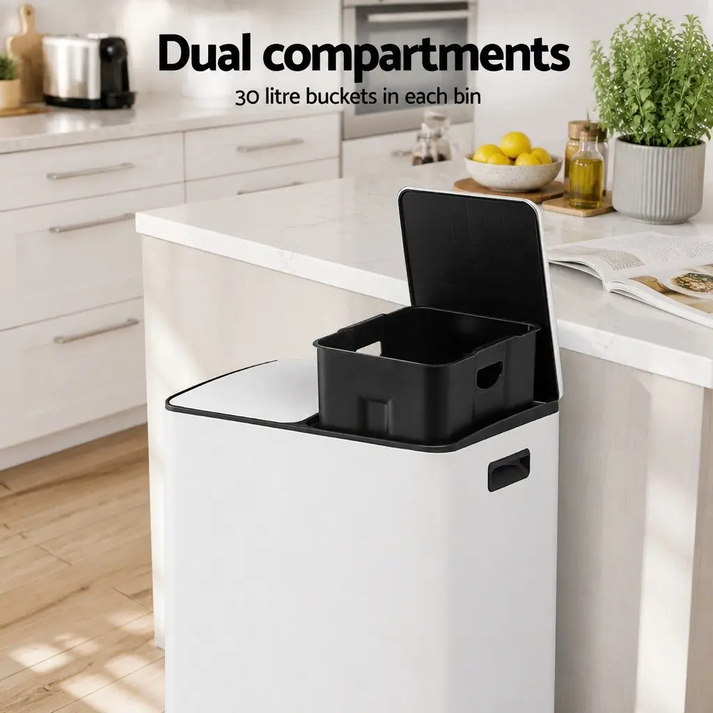 Pedal Bin Dual Compartment Waste Recycle Dustbin 60L White
