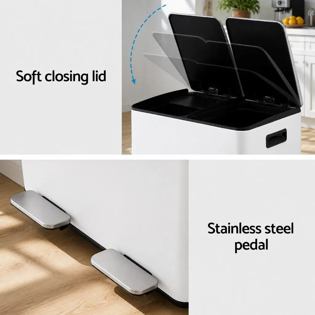Pedal Bin Dual Compartment Waste Recycle Dustbin 60L White