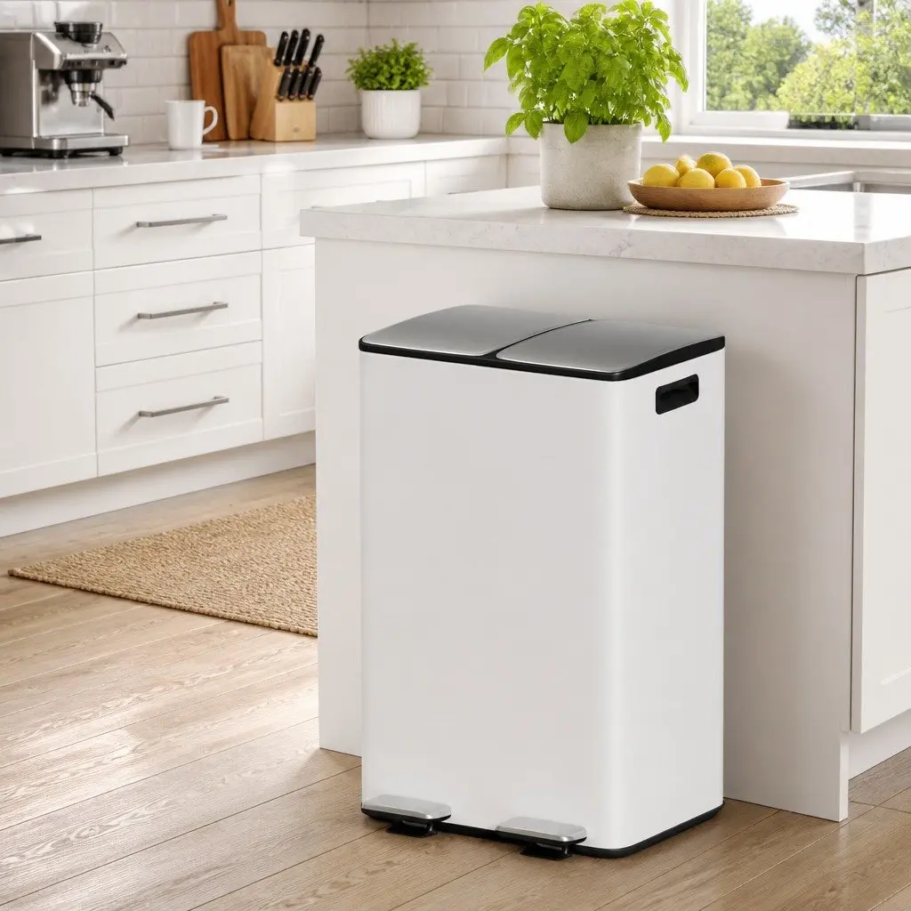 Pedal Bin Dual Compartment Waste Recycle Dustbin 60L White