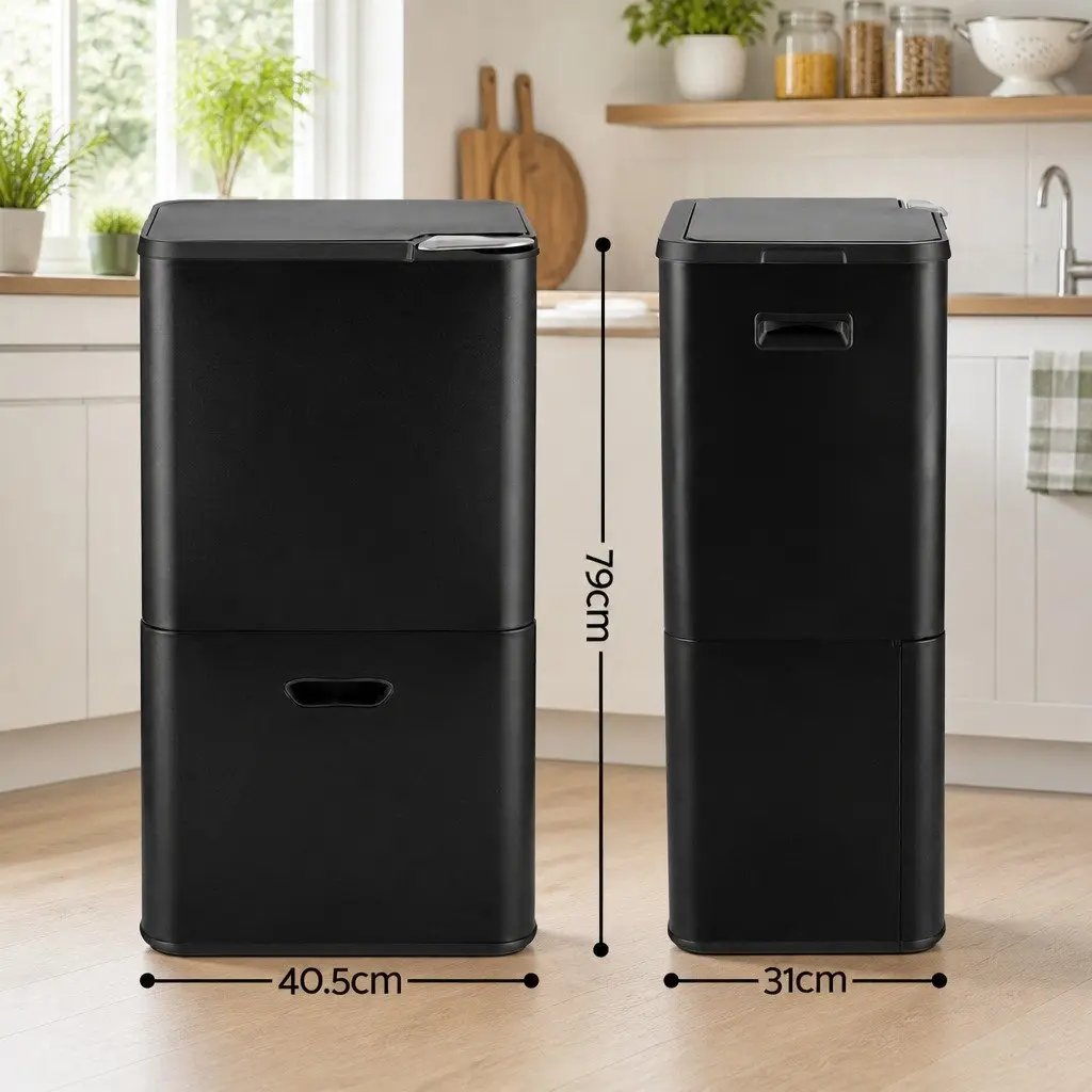 Pull Out Rubbish Bin 63L 3 Compartment Split Door Trash Can Kitchen Black