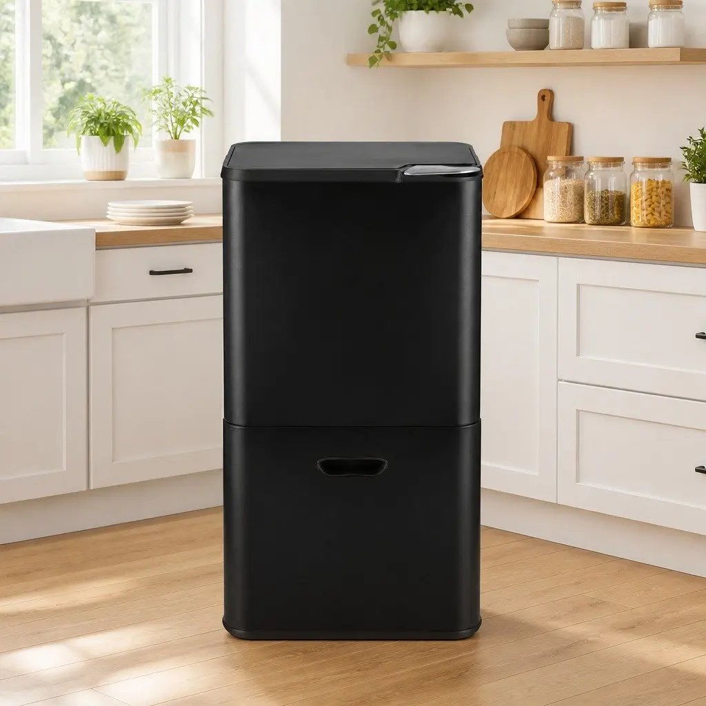 Pull Out Rubbish Bin 63L 3 Compartment Split Door Trash Can Kitchen Black