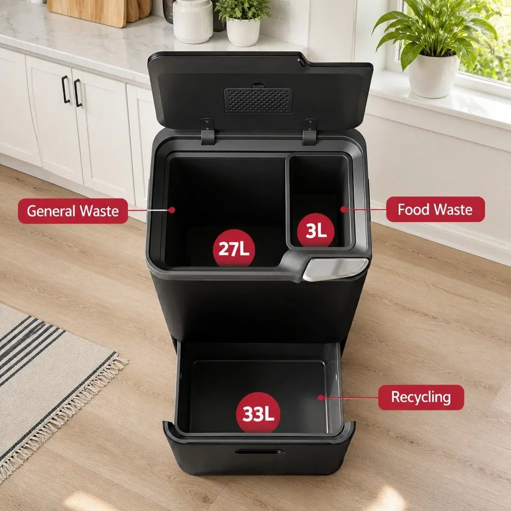 Pull Out Rubbish Bin 63L 3 Compartment Split Door Trash Can Kitchen Black