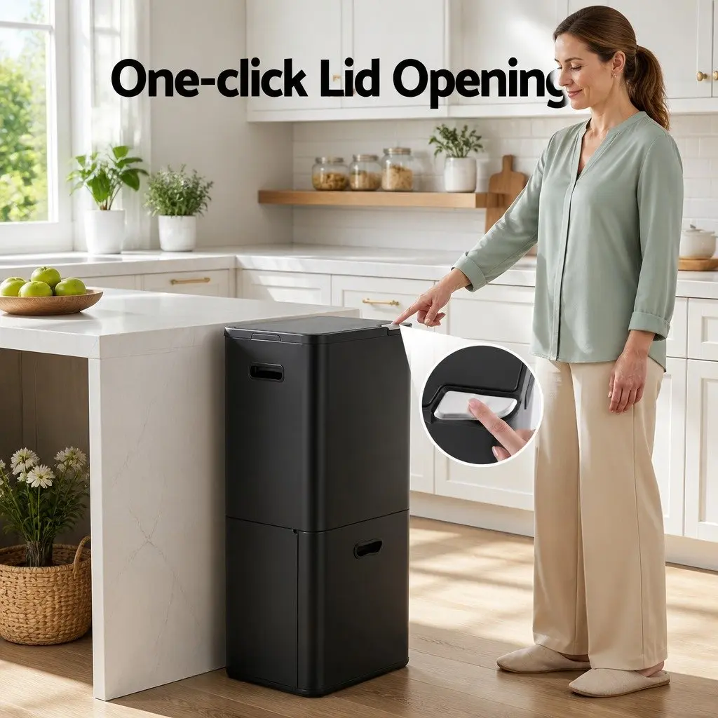 Pull Out Rubbish Bin 63L 3 Compartment Split Door Trash Can Kitchen Black