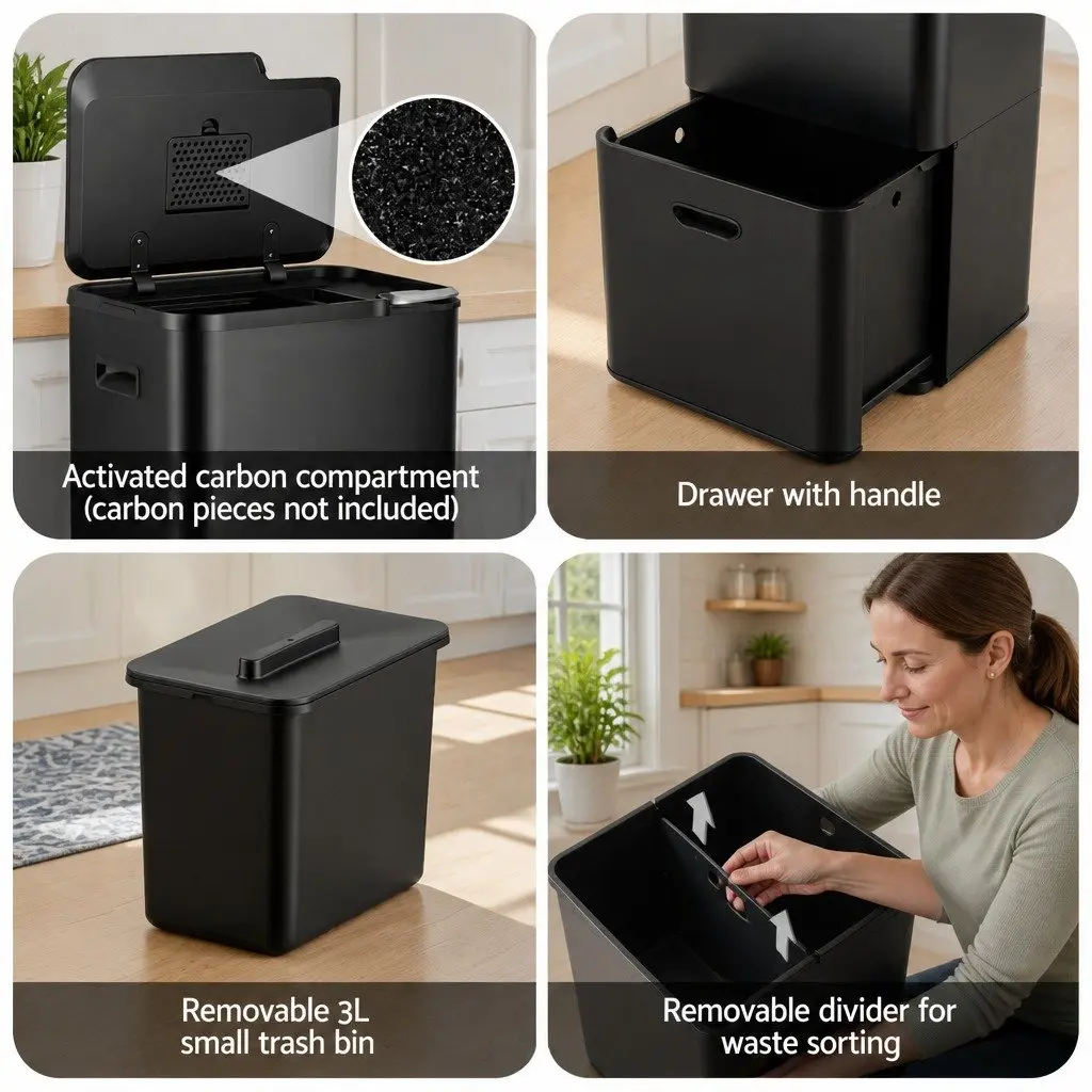 Pull Out Rubbish Bin 63L 3 Compartment Split Door Trash Can Kitchen Black