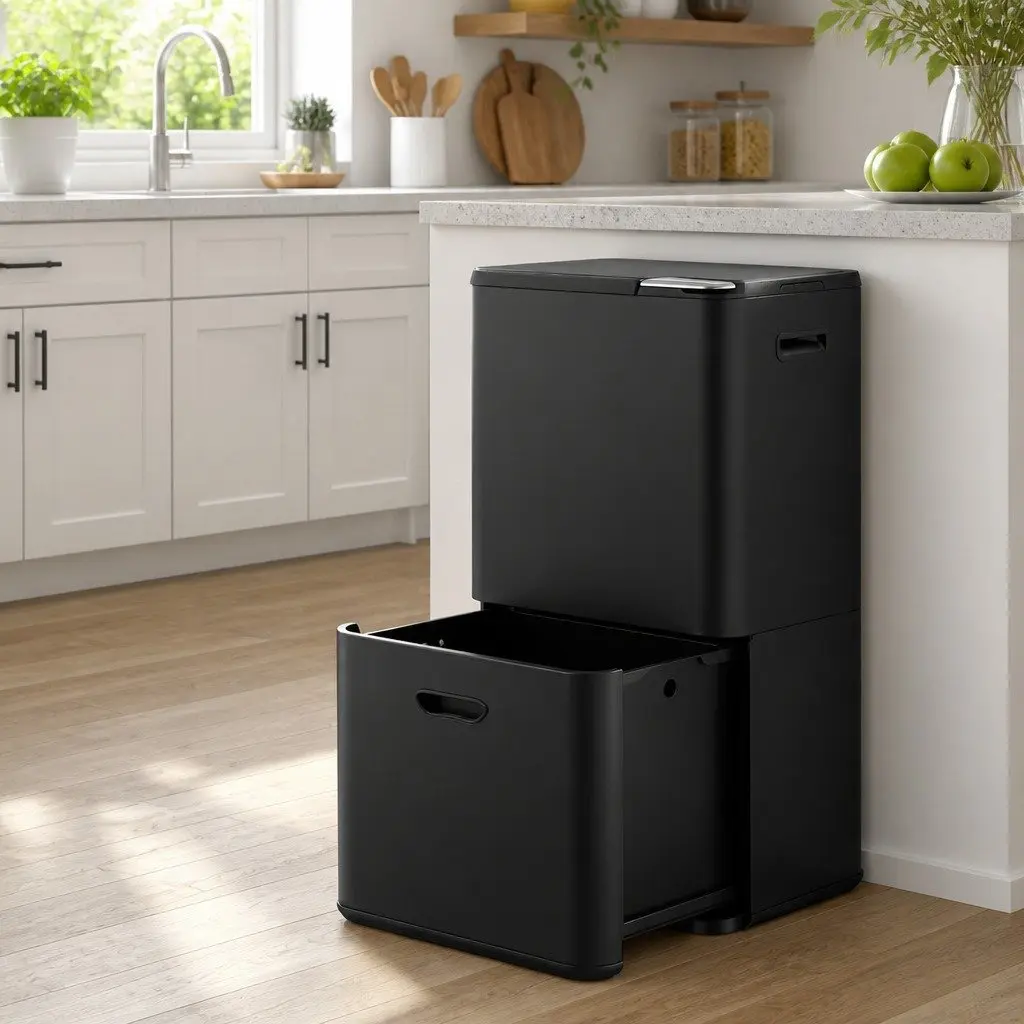 Pull Out Rubbish Bin 63L 3 Compartment Split Door Trash Can Kitchen Black