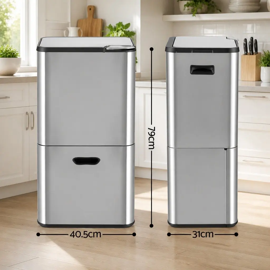 Pull Out Rubbish Bin 63L 3 Compartment Stainless Steel Silver