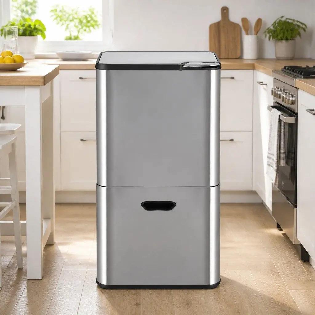 Pull Out Rubbish Bin 63L 3 Compartment Stainless Steel Silver