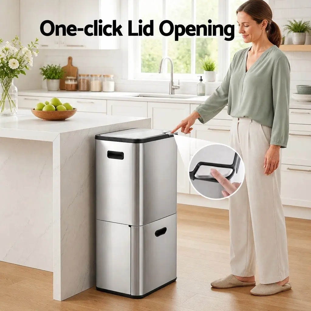 Pull Out Rubbish Bin 63L 3 Compartment Stainless Steel Silver