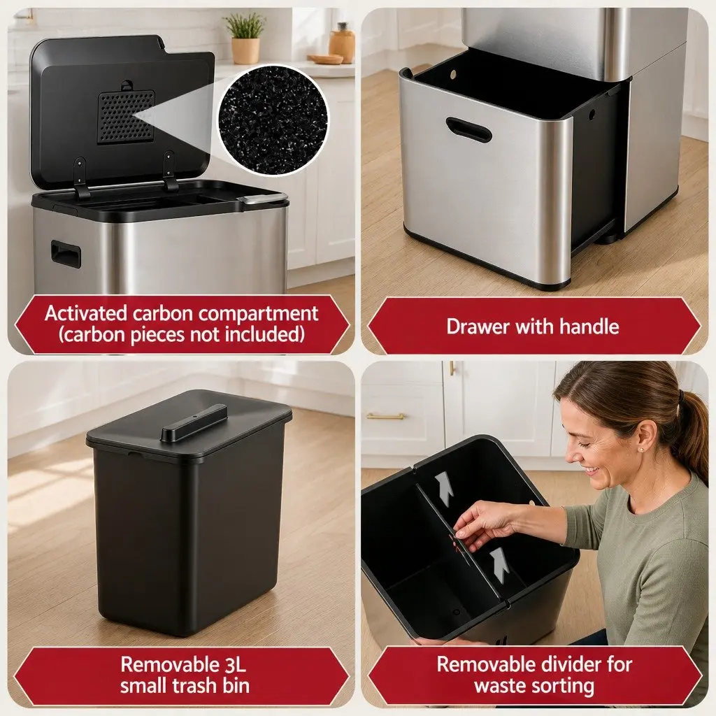Pull Out Rubbish Bin 63L 3 Compartment Stainless Steel Silver