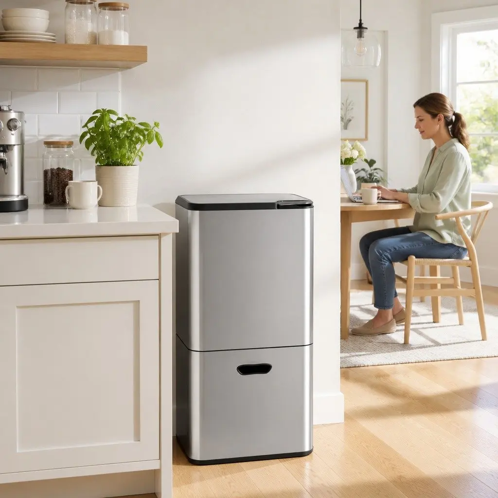 Pull Out Rubbish Bin 63L 3 Compartment Stainless Steel Silver