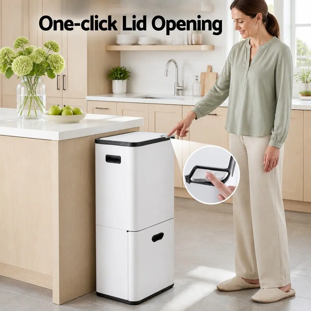 63L Pull Out Rubbish Bin 3 Compartment Split Door Trash Can Kitchen Organiser