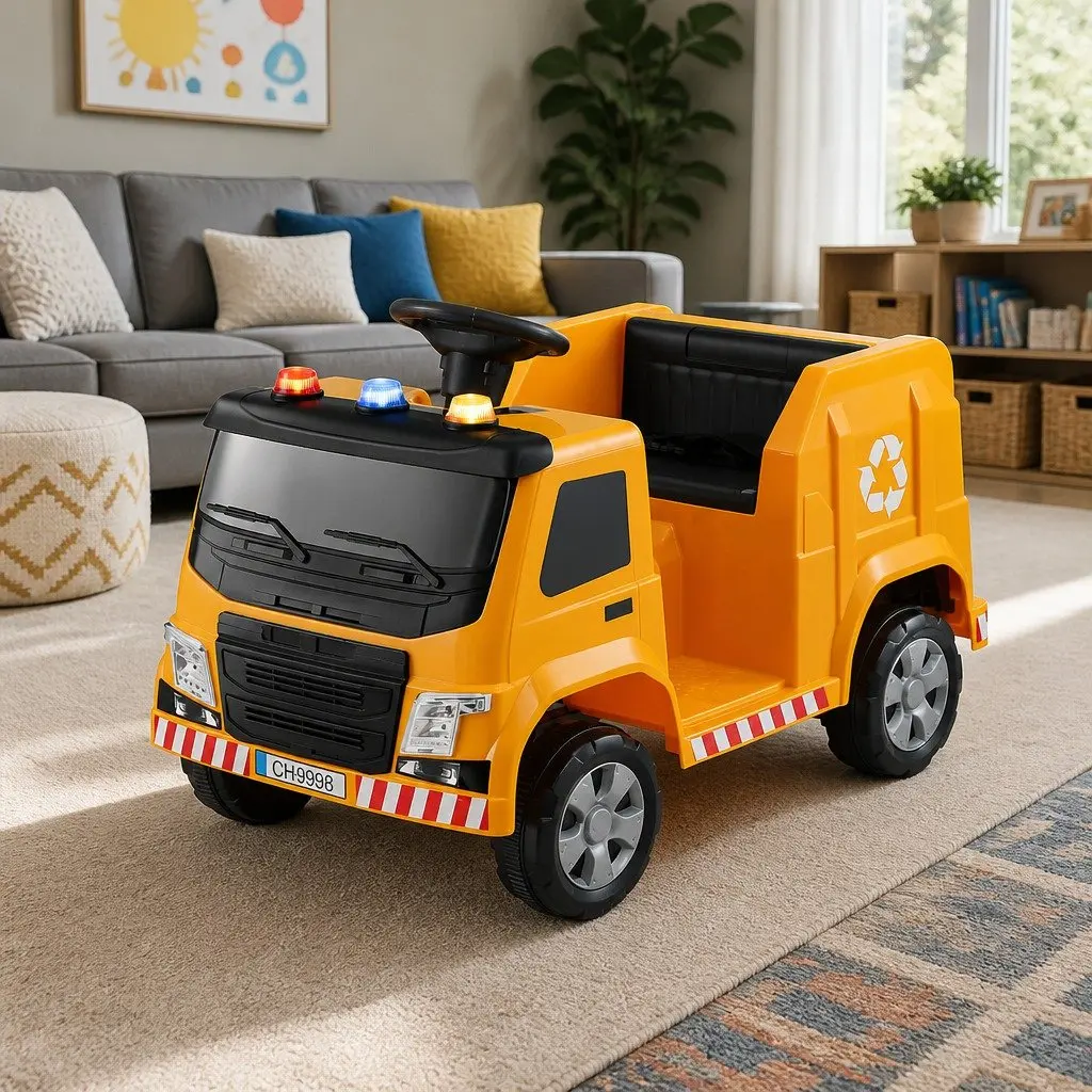Electric Ride On Toy Truck for Kids with Remote Control 12V Yellow Size Adjustable Safety Seat Belt