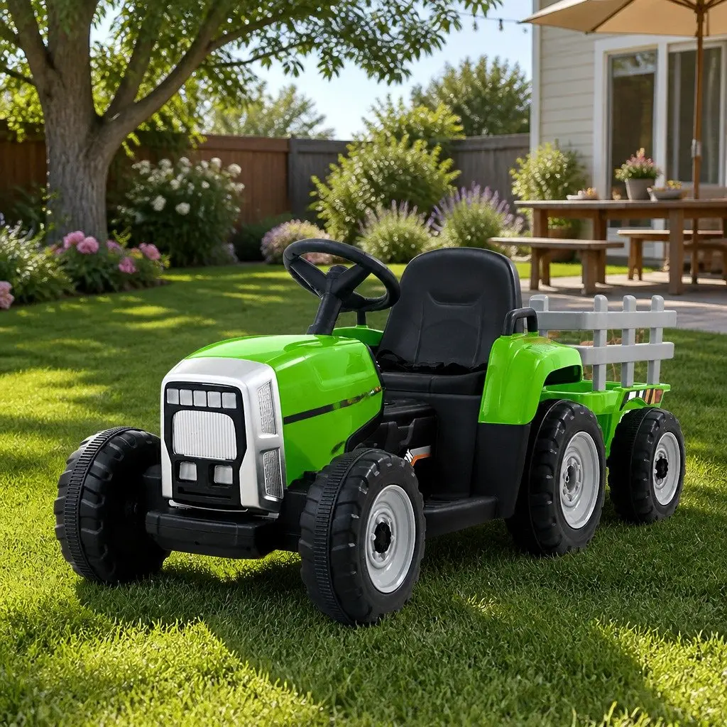 Ride On Car Kids Tractor 12V Electric Green with Detachable Trailer and Headlights