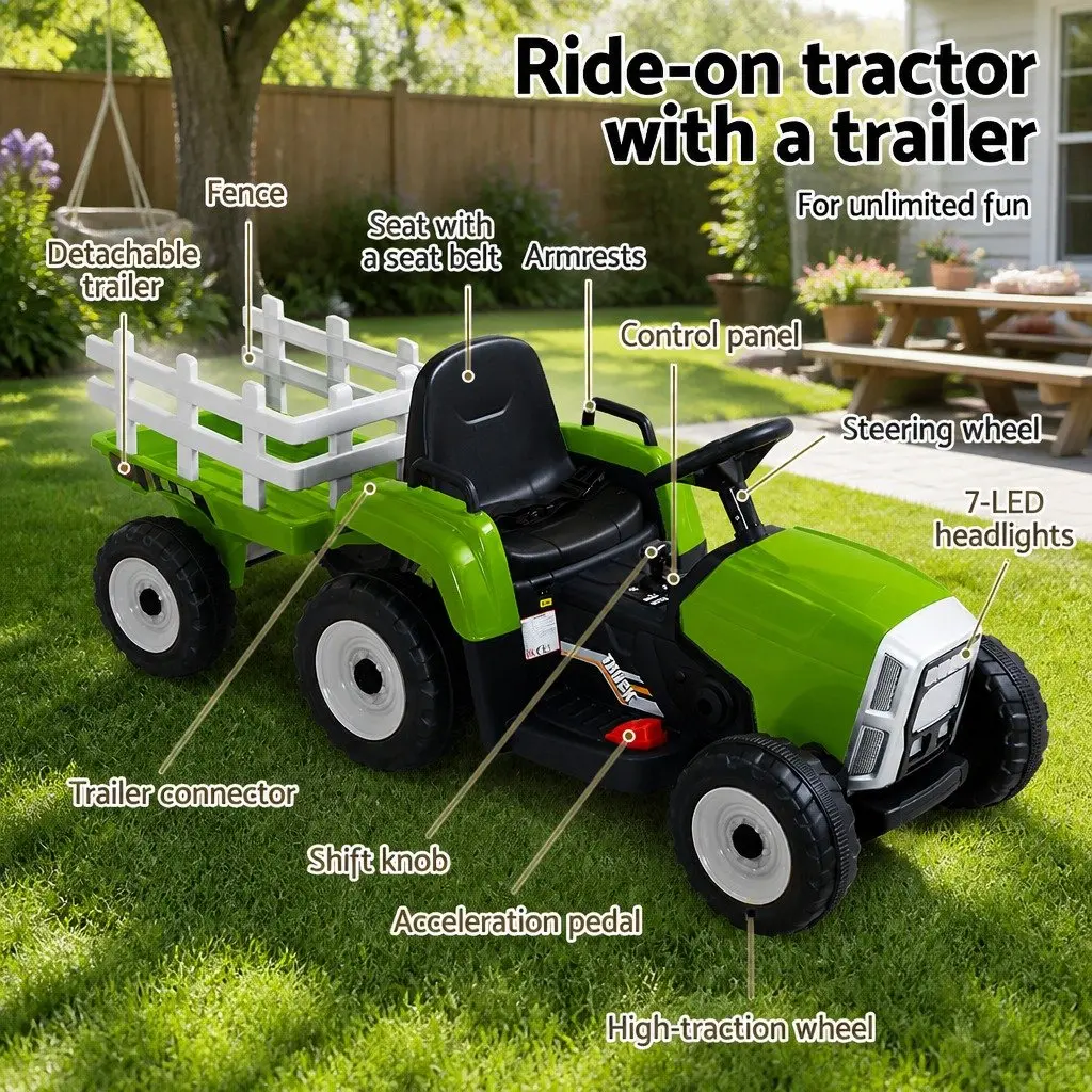 Ride On Car Kids Tractor 12V Electric Green with Detachable Trailer and Headlights