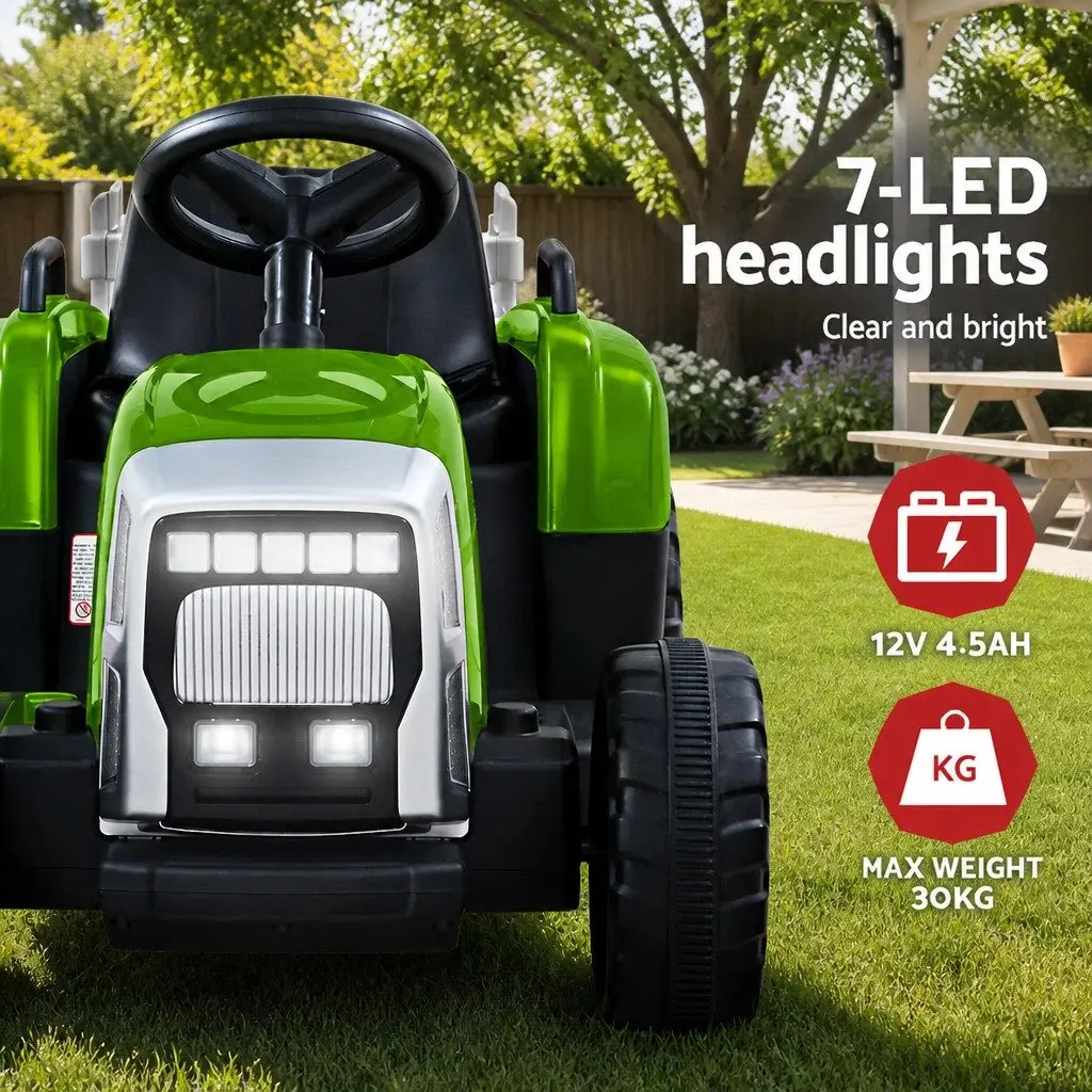 Ride On Car Kids Tractor 12V Electric Green with Detachable Trailer and Headlights