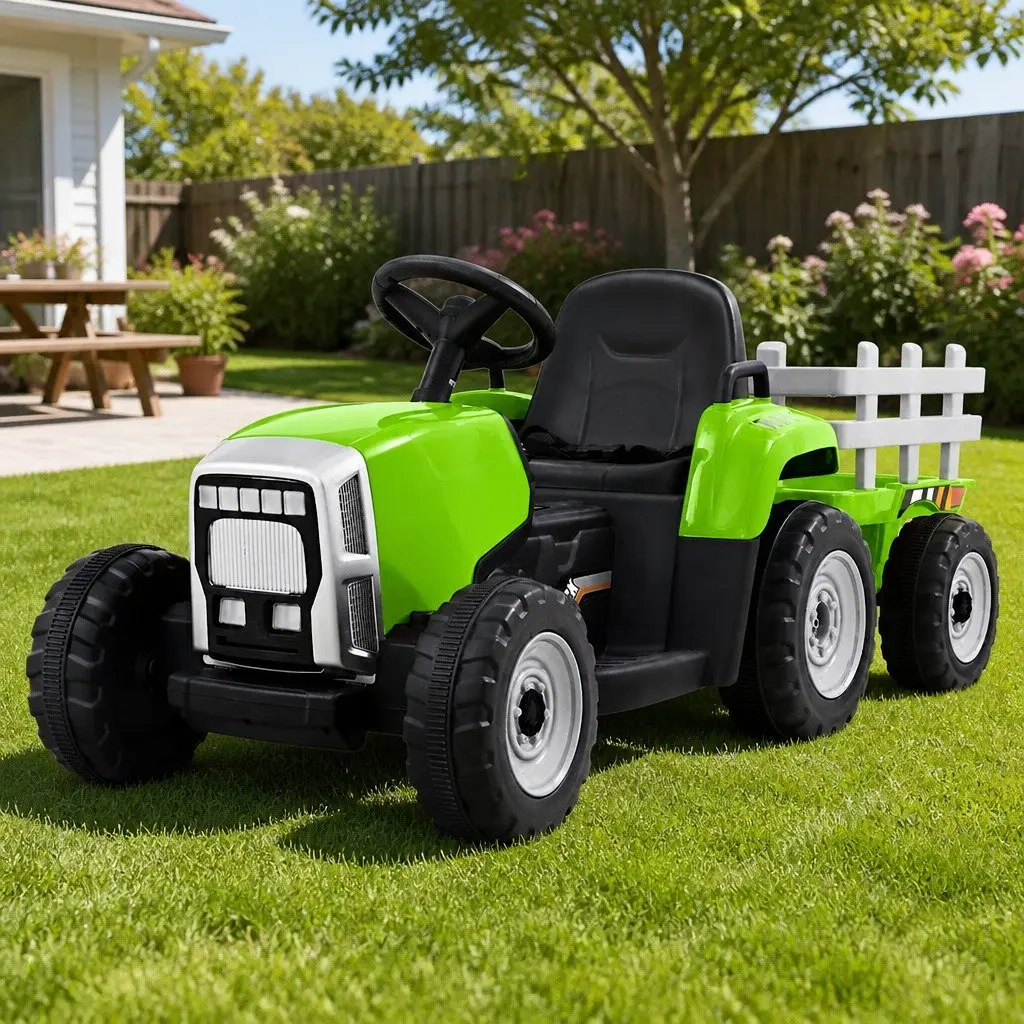 Ride On Car Kids Tractor 12V Electric Green with Detachable Trailer and Headlights