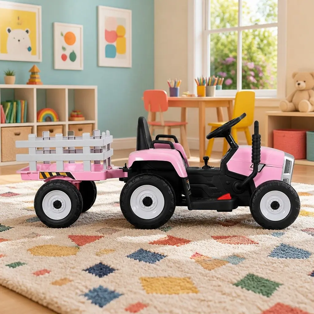 Kids Ride On Tractor Toy 12V Battery Powered Farm Vehicle Pink