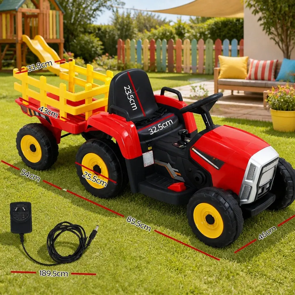 Kids Electric Ride On Tractor 12V Battery Powered Outdoor Toy Car Red Detachable Trailer