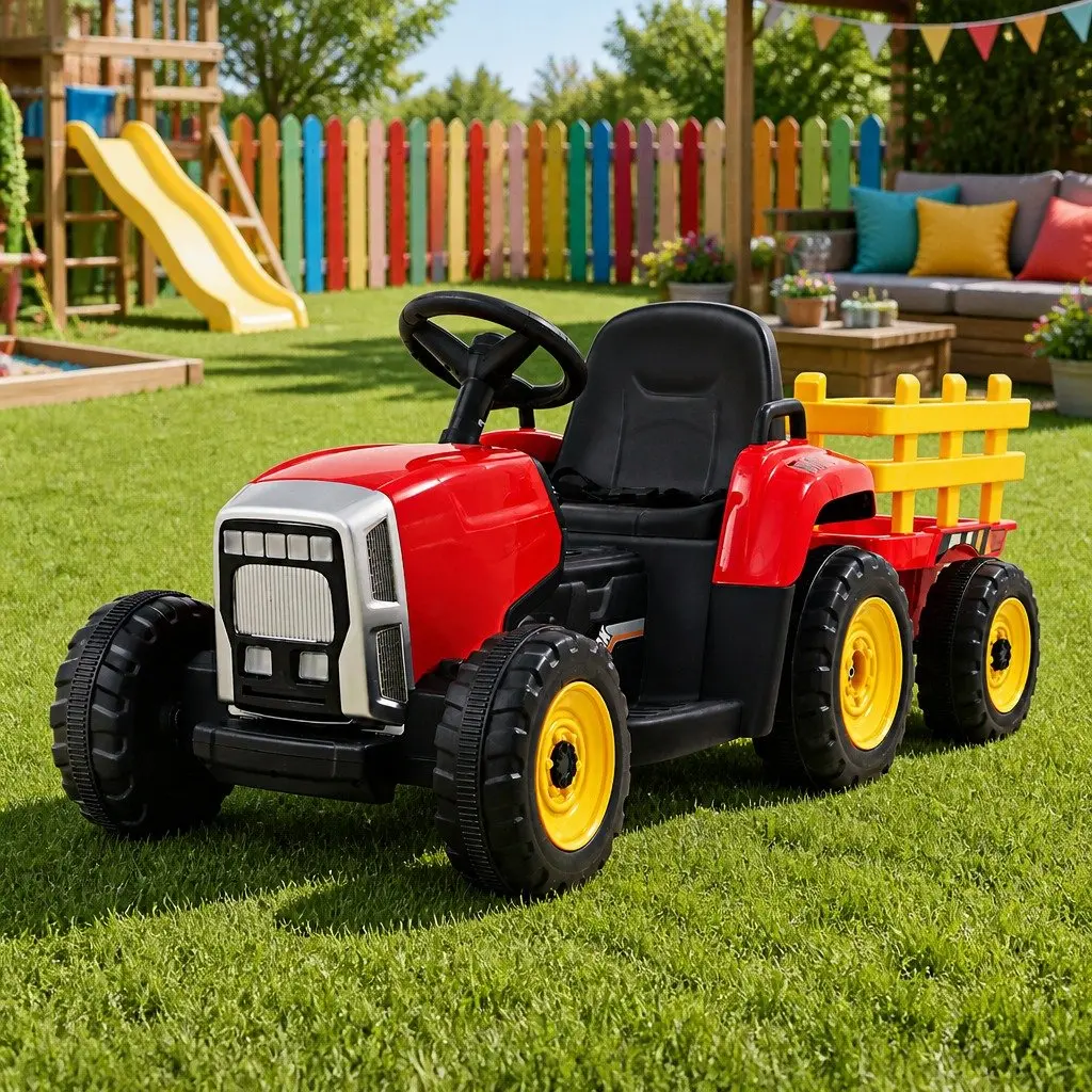 Kids Electric Ride On Tractor 12V Battery Powered Outdoor Toy Car Red Detachable Trailer