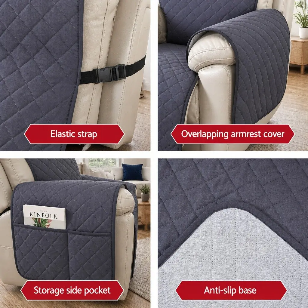 Recliner Chair Cover Water Resistant 1-Seater Grey Diamond Quilted