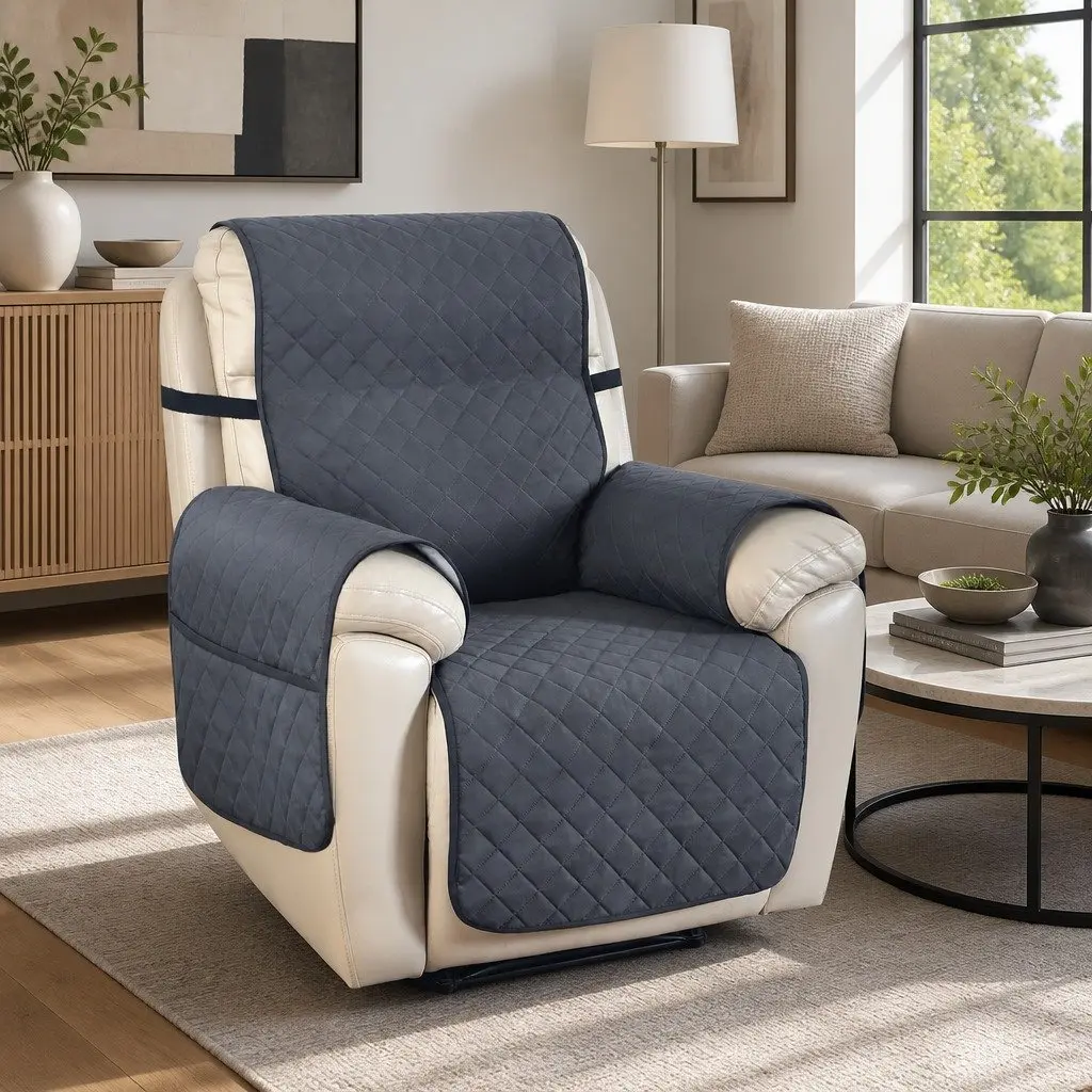Recliner Chair Cover Water Resistant 1-Seater Grey Diamond Quilted