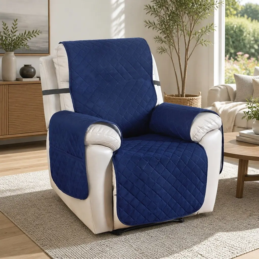 Recliner Chair Cover Water Resistant 1 Seater Navy Blue Diamond Quilted