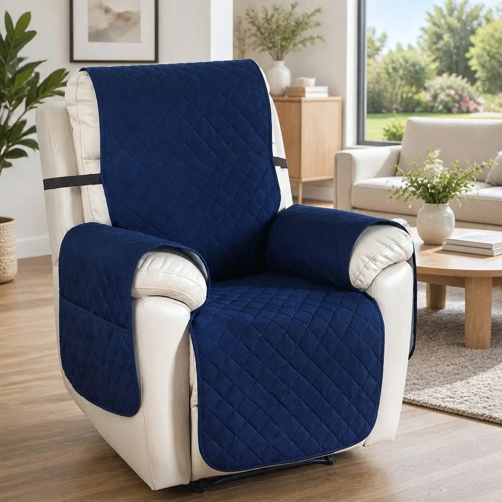 Recliner Chair Cover Water Resistant 1 Seater Navy Blue Diamond Quilted