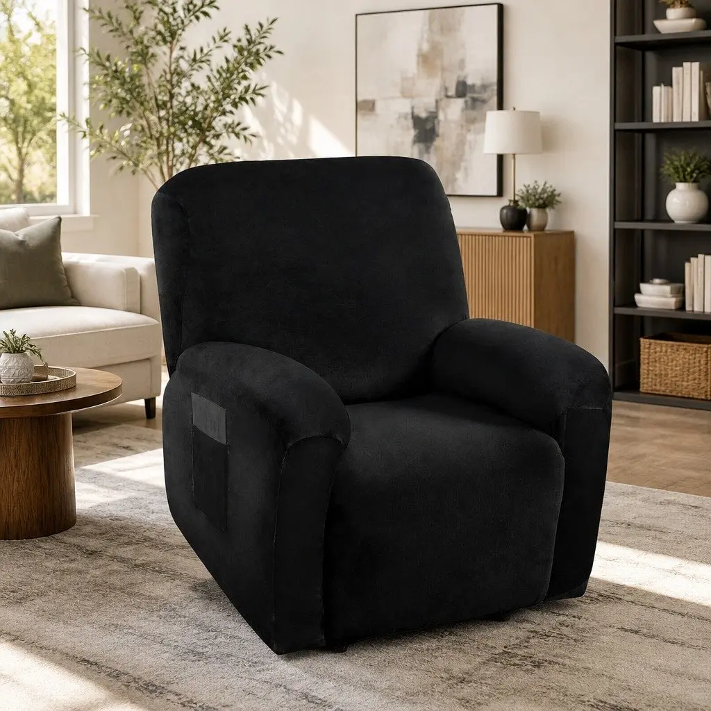 Recliner Chair Cover 1 Seater Velvet Black Stretchy Anti-Slip Elastic Machine