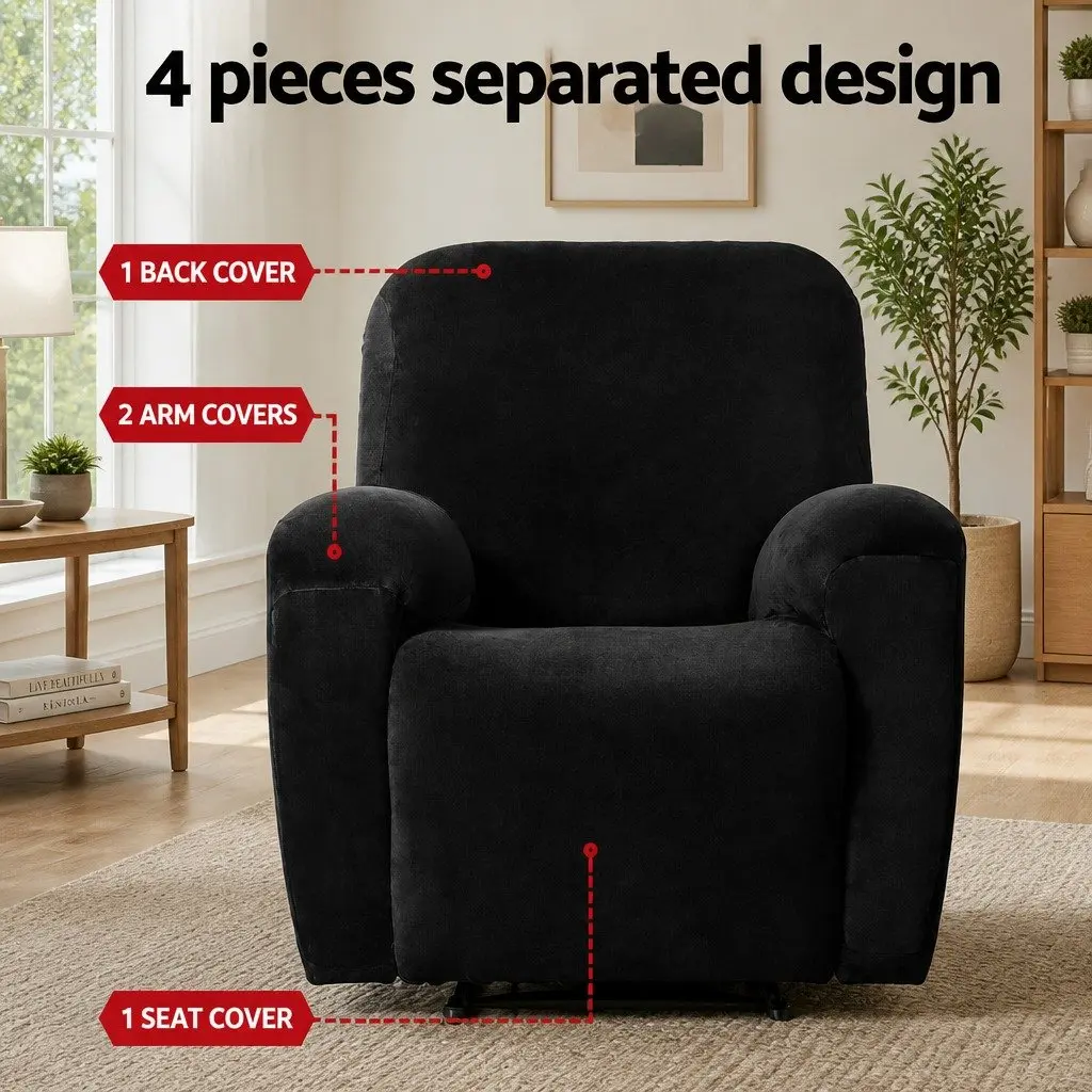 Recliner Chair Cover 1 Seater Velvet Black Stretchy Anti-Slip Elastic Machine