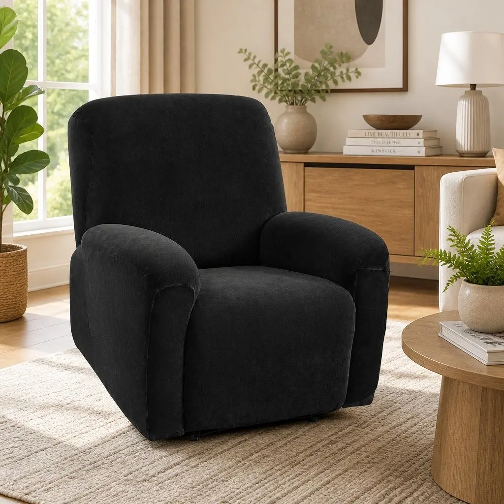 Recliner Chair Cover 1 Seater Velvet Black Stretchy Anti-Slip Elastic Machine