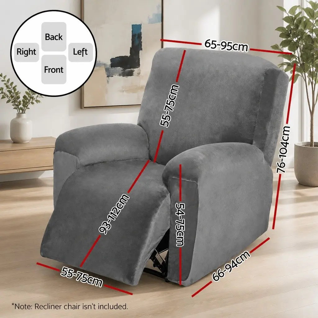 Recliner Chair Cover 1 Seater Velvet Grey Stretch Elastic Bottom Anti Slip