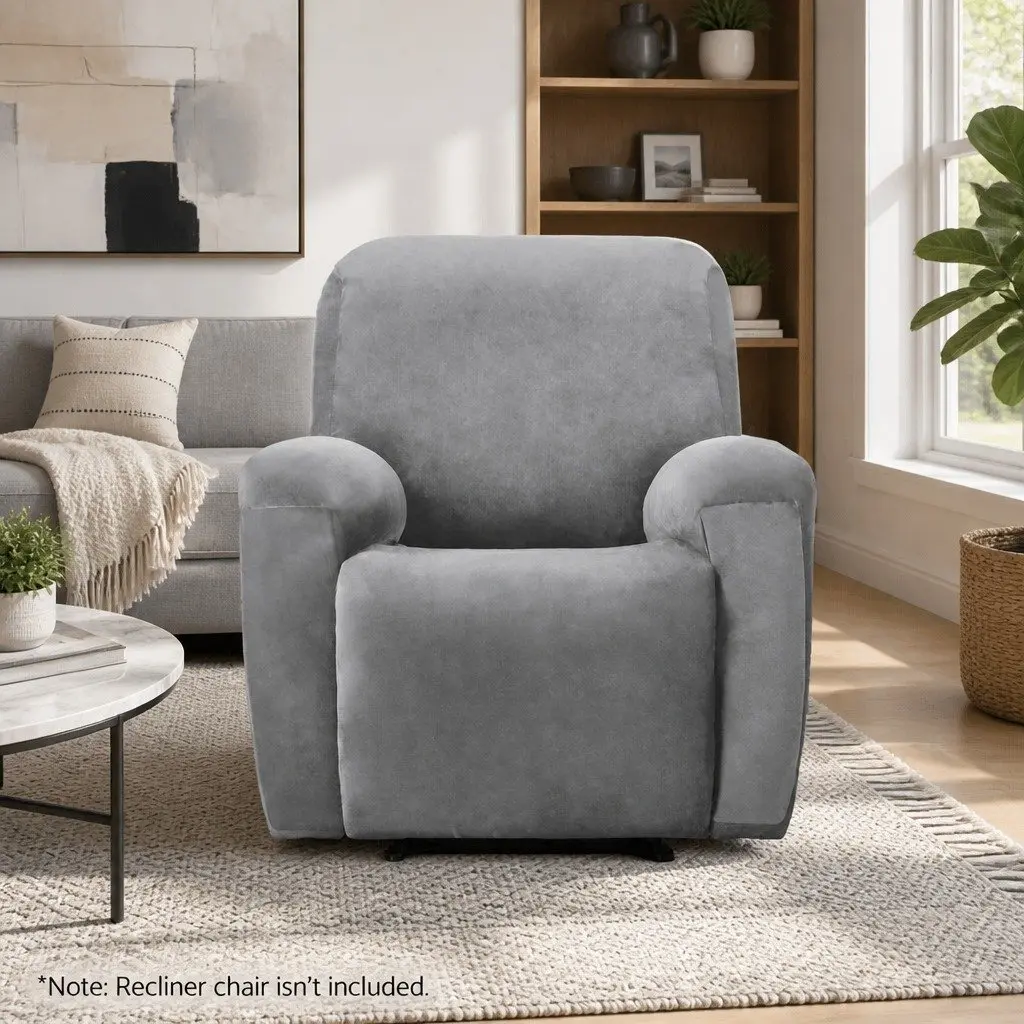 Recliner Chair Cover 1 Seater Velvet Grey Stretch Elastic Bottom Anti Slip