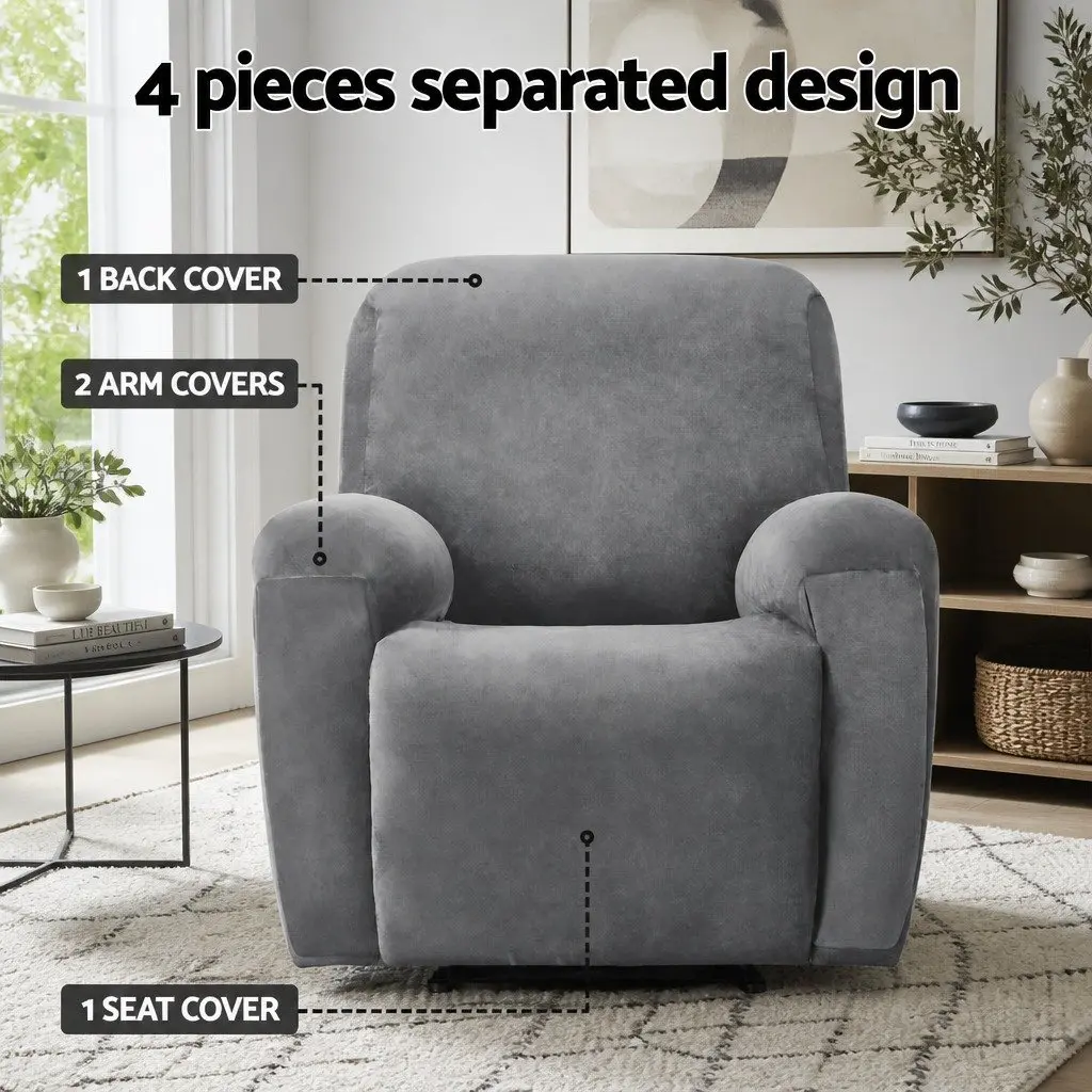 Recliner Chair Cover 1 Seater Velvet Grey Stretch Elastic Bottom Anti Slip