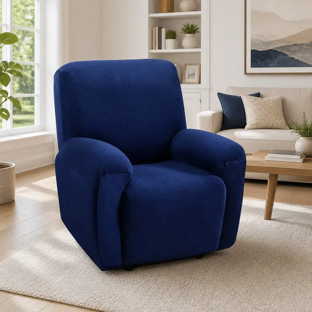 Velvet Recliner Cover Stretch 1 Seater Navy Blue Armchair Protection