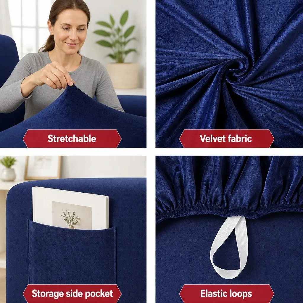 Velvet Recliner Cover Stretch 1 Seater Navy Blue Armchair Protection