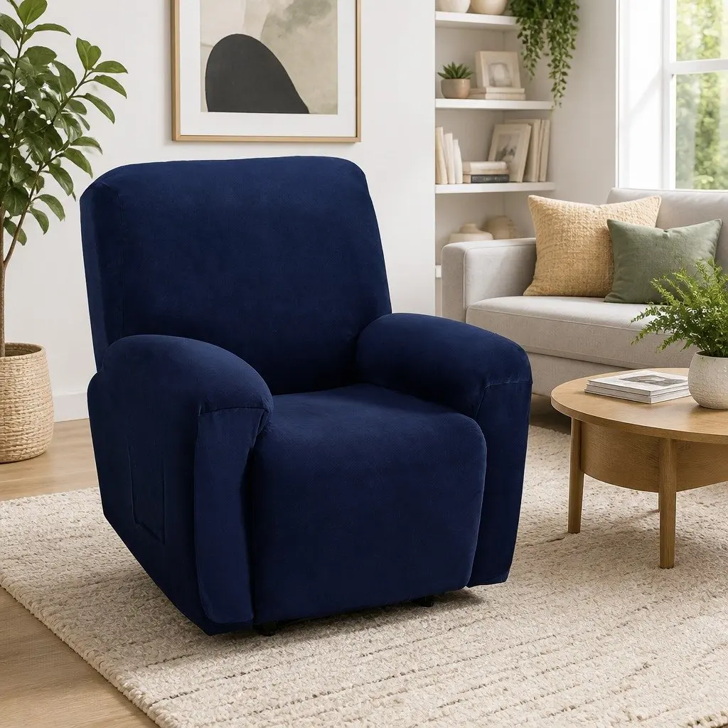 Velvet Recliner Cover Stretch 1 Seater Navy Blue Armchair Protection