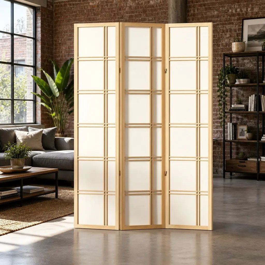3 Panel Folding Privacy Screen Natural Wood 132cm x 179cm Room Divider