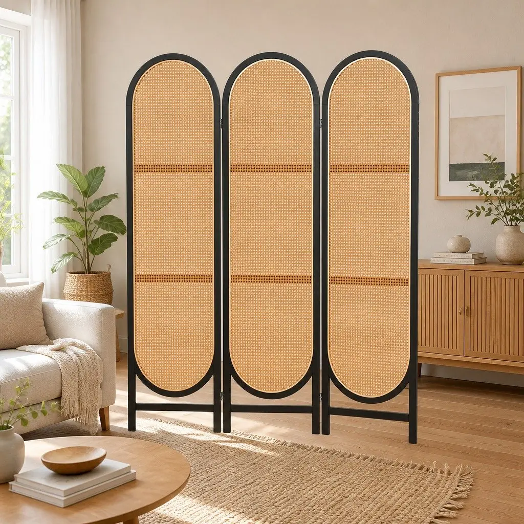 Room Divider Screen Privacy Separator 3 Panel Brown Rattan Foldable Partition