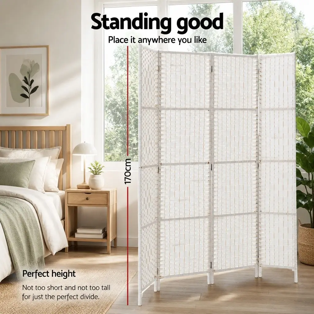 4 Panel Room Divider Screen Private Space 163x170cm White Woven Paper