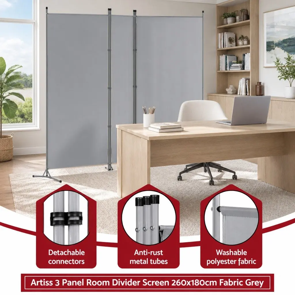 3 Panel Room Divider Folding Partition Privacy 260x180cm Grey Fabric