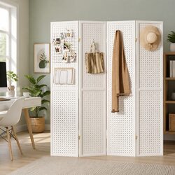 4 Panel Room Divider Screen 164x170cm Pegboard White Folding Privacy Partition