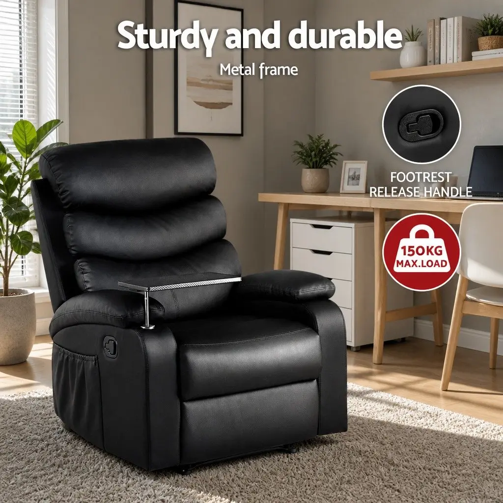 Recliner Chair Black Leather Swivel Tray Table Lounge Armchair with Footrest