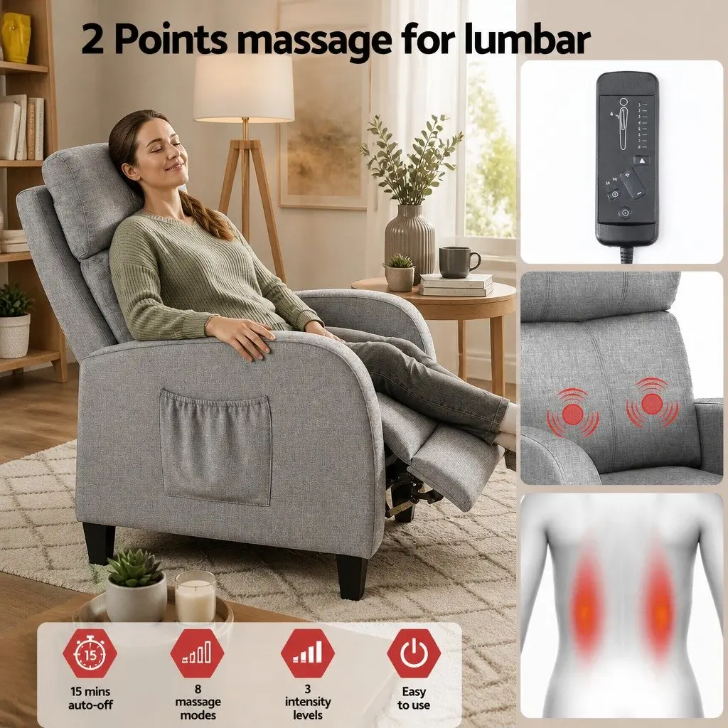 Massage Recliner Chair Grey Fabric Armchair Lounge Sofa Adjustable Recline