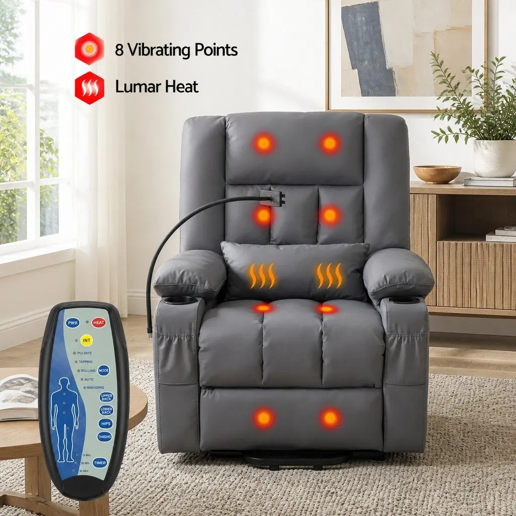 Power Lift Recliner Chair with Massage Heat USB Grey Electric Armchair Living