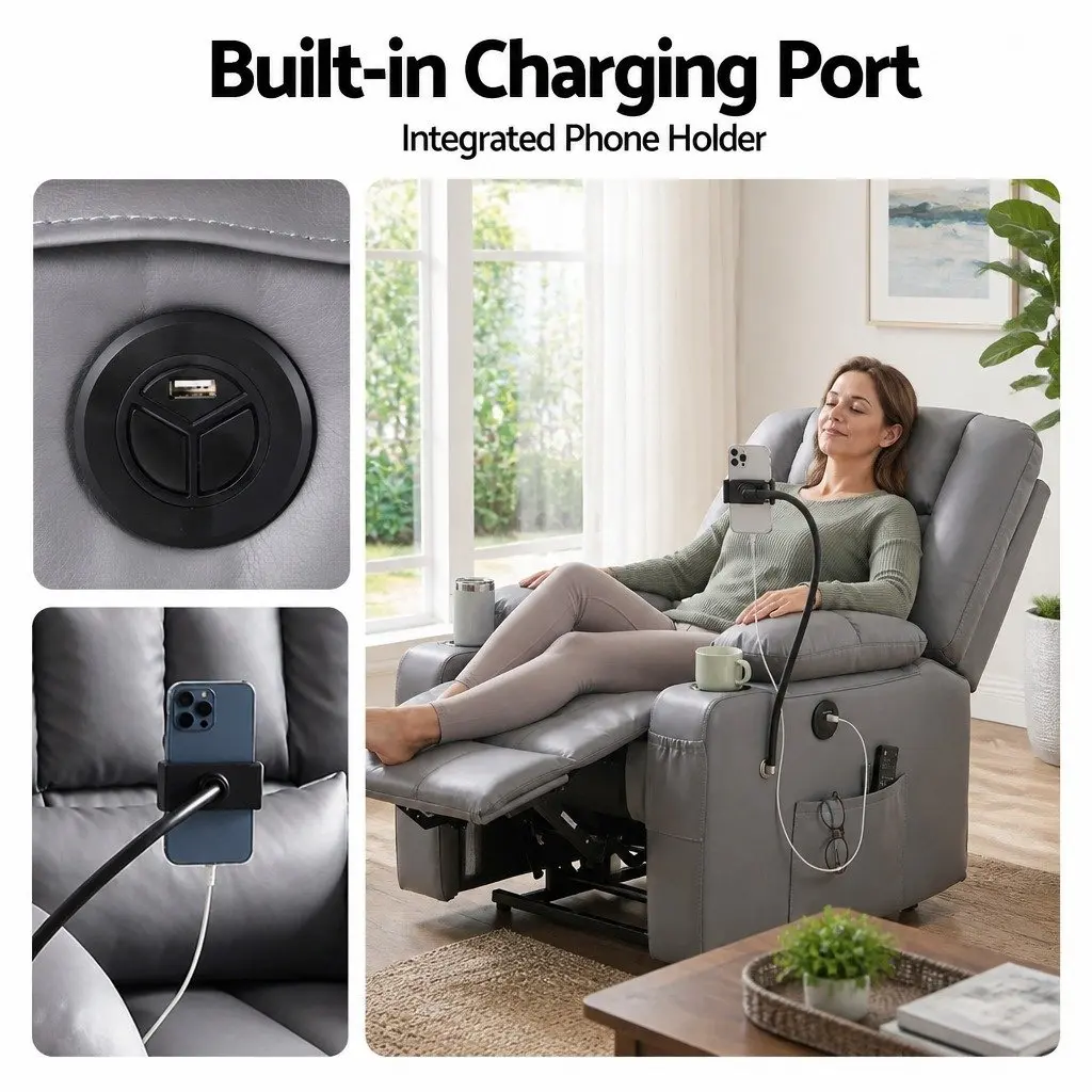 Power Lift Recliner Chair with Massage Heat USB Grey Electric Armchair Living
