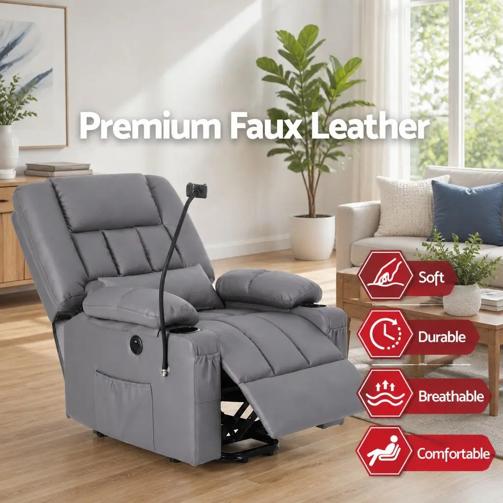 Power Lift Recliner Chair with Massage Heat USB Grey Electric Armchair Living