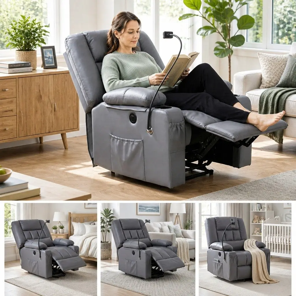Power Lift Recliner Chair with Massage Heat USB Grey Electric Armchair Living